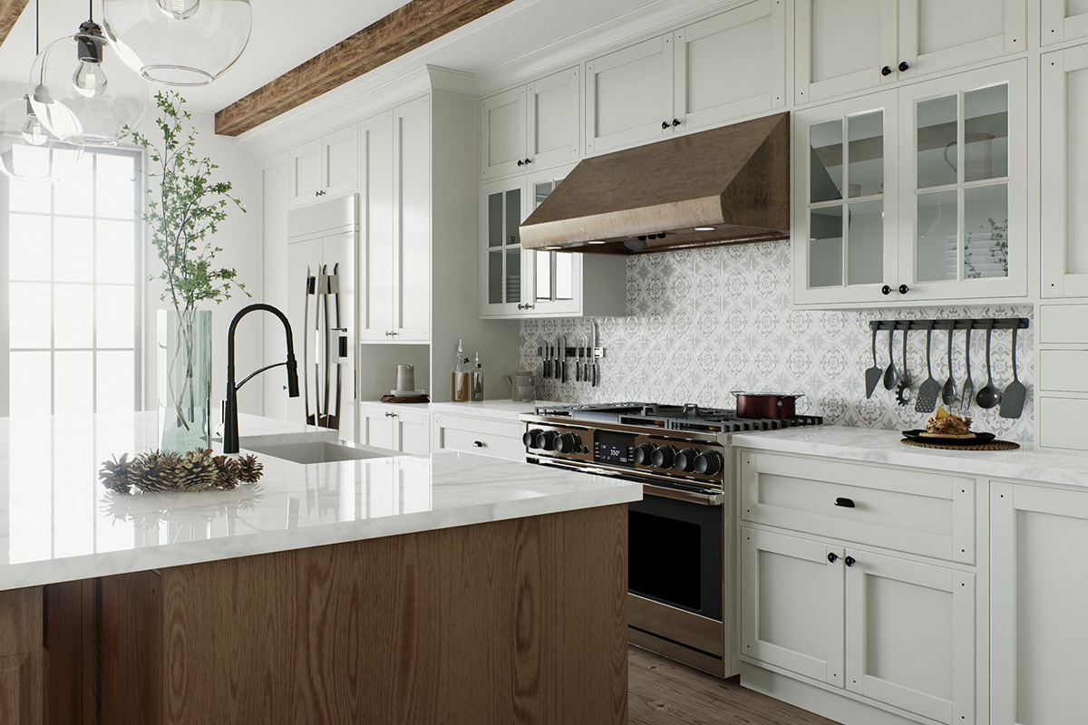 Traditional white kitchen with wood island and modern touches